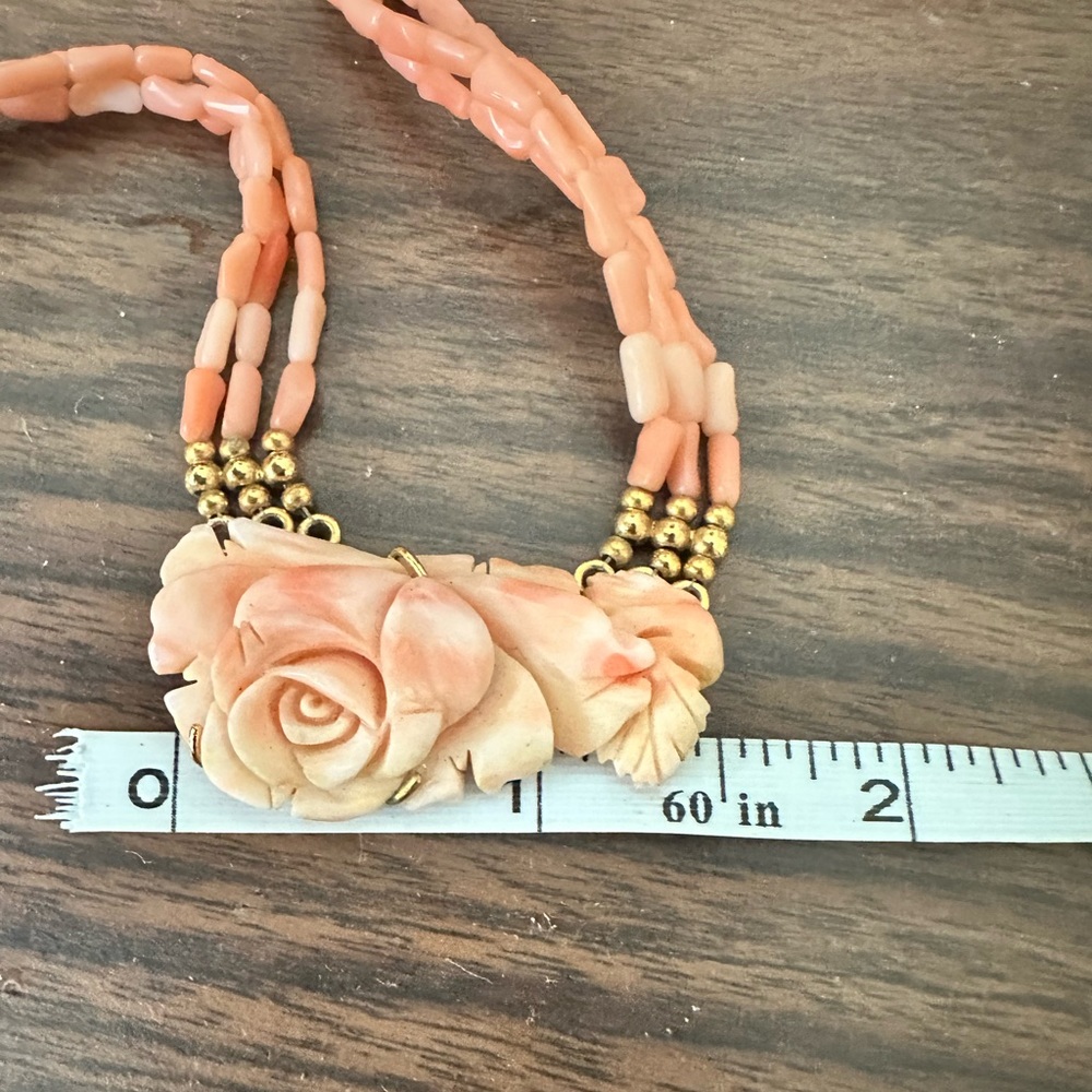 Pink Angel Skin Coral & Gold Necklace With Carved Flower Pendant Coral - Picture 3 of 4